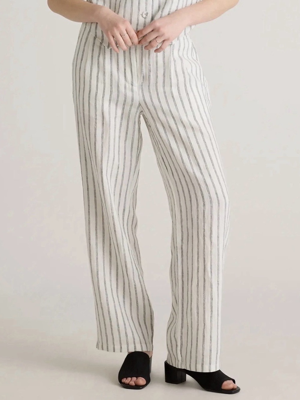 NWT Quince 100% European Linen Pleated Trouser Pants, Size 12-Oatmeal/Blk Stripe